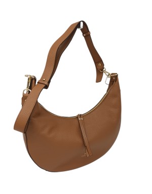 CUOIERIA FIORENTINA BORSA MEZZALUNA GRANDE IN VITELLO BOTTALATO COLORE CARAMEL, LAMPO CENTRALE, TRACOLLA STACCABILE/REGOLABILE