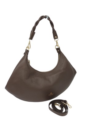 CUOIERIA FIORENTINA BORSA MEZZALUNA GRANDE IN VITELLO BOTTALATO COLORE CIOCCOLATO, LAMPO CENTRALE, TRACOLLA A SPALLA E TRACOLLA