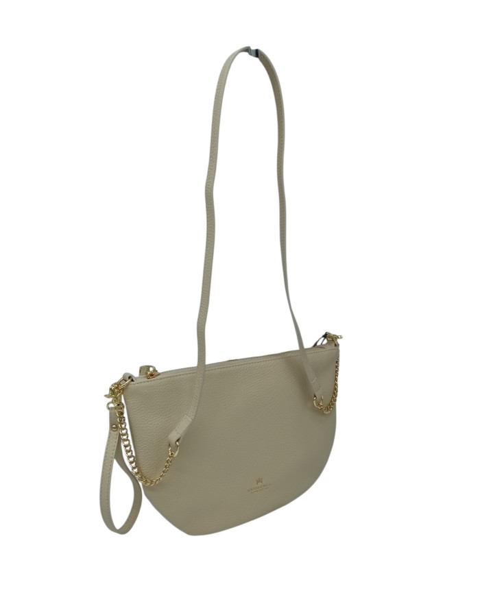 CUOIERIA FIORENTINA BORSA/POCHETTE MEZZA LUNA IN VITELLO BOTTALATO COLORE AVORIO, LAMPO CENTRALE, POLSIERA E TRACOLLA STACCABIL