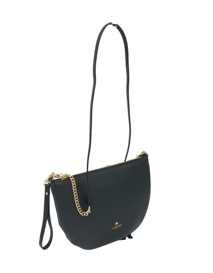 CUOIERIA FIORENTINA BORSA/POCHETTE MEZZA LUNA IN VITELLO BOTTALATO COLORE NERO, LAMPO CENTRALE, POLSIERA E TRACOLLA STACCABILE/