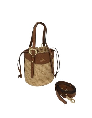 CUOIERIA FIORENTINA BORSA/SECCHIELLO MEDIO/PICCOLO IN VITELLO BOTTALATO COLORE CARAMEL  E RAFIA NATURALE, DUE MANICI E TRACOLLA