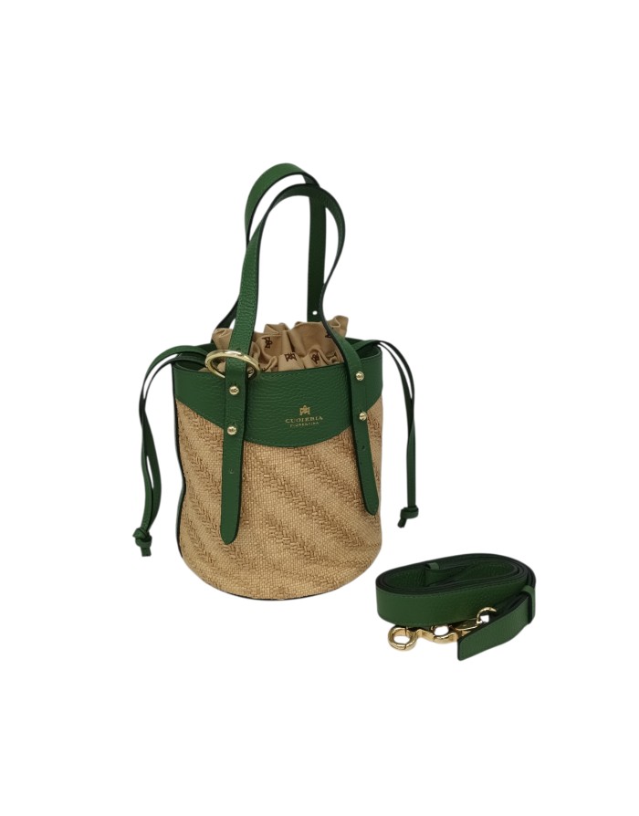 CUOIERIA FIORENTINA BORSA/SECCHIELLO MEDIO/PICCOLO IN VITELLO BOTTALATO COLORE VERDE ALOE E RAFIA NATURALE, DUE MANICI E TRACOL