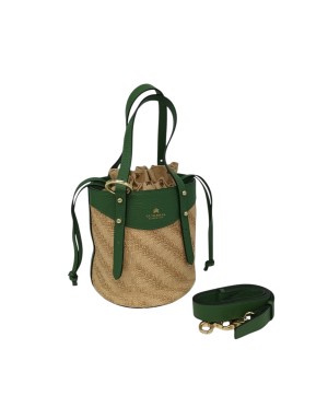 CUOIERIA FIORENTINA BORSA/SECCHIELLO MEDIO/PICCOLO IN VITELLO BOTTALATO COLORE VERDE ALOE E RAFIA NATURALE, DUE MANICI E TRACOL
