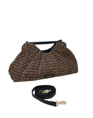 MY- BEST BAG BORSA GRANDE IN RAFIA E PELLE INTRECCIATA/PLISSETTATA COLORE NERO-CUOIO, CHIUSURA A MOLLA CON RIVESTIMENTO IN VITE