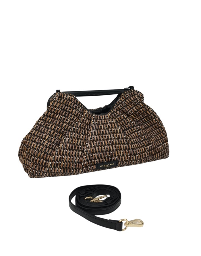 MY- BEST BAG BORSA GRANDE IN RAFIA E PELLE INTRECCIATA/PLISSETTATA COLORE NERO-CUOIO, CHIUSURA A MOLLA CON RIVESTIMENTO IN VITE