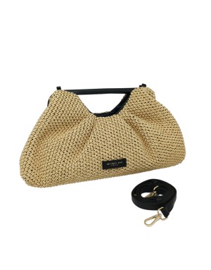 MY- BEST BAG BORSA GRANDE IN RAFIA INTRECCIATA/PLISSETTATA COLORE NATURALE, CHIUSURA A MOLLA CON RIVESTIMENTO IN VITELLO NERO, 