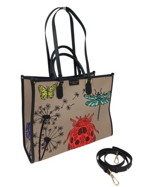 MY- BEST BAG BORSA GRANDE IN TESSUTO LOGATO MULTICOLOR SU BASE BEIGE CON PROFILI IN VITELLO NERO, MANICI, MANICI A SPALLA E TRA