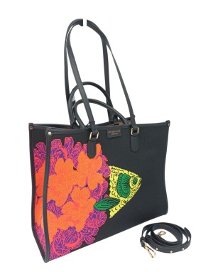 MY- BEST BAG BORSA GRANDE IN TESSUTO LOGATO MULTICOLOR SU BASE NERA CON PROFILI IN VITELLO NERO, MANICI, MANICI A SPALLA E TRAC