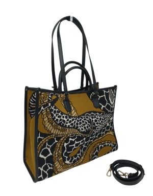 MY- BEST BAG BORSA GRANDE IN TESSUTO LOGATO MULTICOLOR SU BASE SENAPE CON PROFILI IN VITELLO NERO, MANICI, MANICI A SPALLA E TR