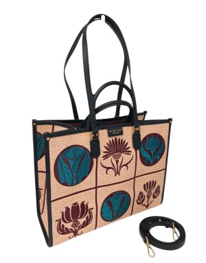 MY- BEST BAG BORSA GRANDE IN TESSUTO RAFIA RICAMATO MULTICOLOR SU BASE CIPRIA CON PROFILI IN VITELLO NERO, MANICI, MANICI A SPA