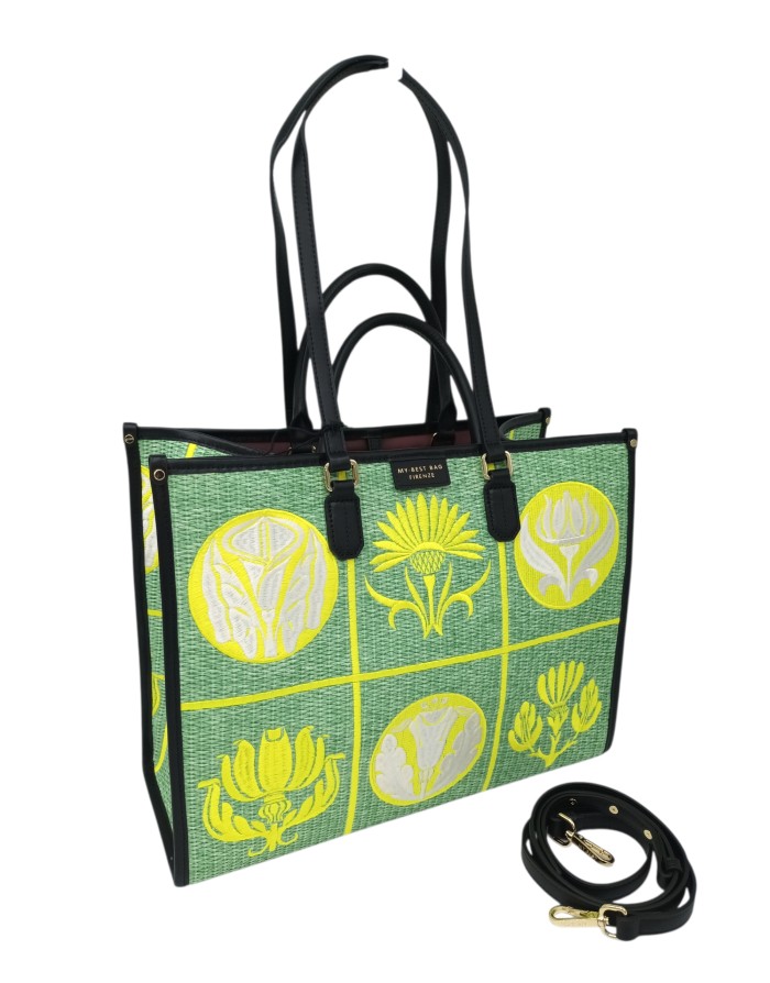 MY- BEST BAG BORSA GRANDE IN TESSUTO RAFIA RICAMATO MULTICOLOR SU BASE VERDE MENTA CON PROFILI IN VITELLO NERO, MANICI, MANICI 