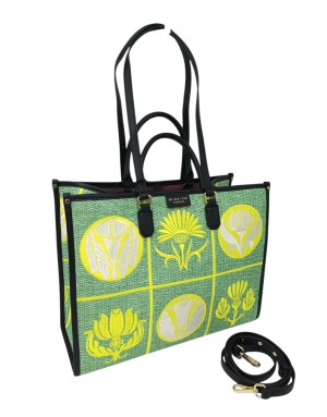 MY- BEST BAG BORSA GRANDE IN TESSUTO RAFIA RICAMATO MULTICOLOR SU BASE VERDE MENTA CON PROFILI IN VITELLO NERO, MANICI, MANICI 