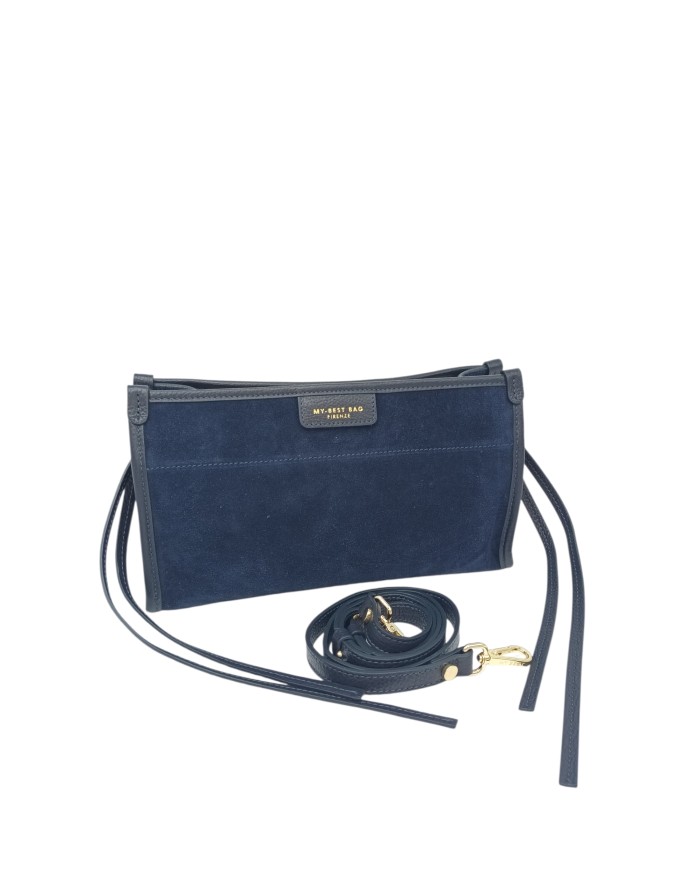 MY- BEST BAG BORSA MEDIA IN CAMOSCIO COLORE BLU CON RIPORTI IN VITELLO IN TINTA, TRACOLLA REGOLABILE/STACCABILE