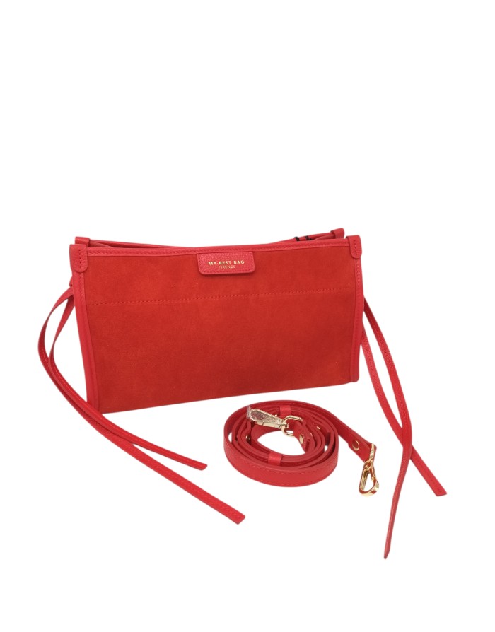 MY- BEST BAG BORSA MEDIA IN CAMOSCIO COLORE ROSSO CON RIPORTI IN VITELLO IN TINTA, TRACOLLA REGOLABILE/STACCABILE