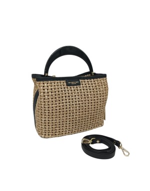 MY- BEST BAG BORSA MEDIA IN RAFIA COLORE NATURALE CON PROFILI IN VITELLO NERO, MANICO LACCATO NERO LUCIDO E TRACOLLA STACCABILE
