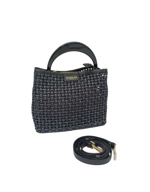 MY- BEST BAG BORSA MEDIA IN RAFIA COLORE NERO CON PROFILI IN VITELLO IN TINTA, MANICO LACCATO NERO LUCIDO E TRACOLLA STACCABILE