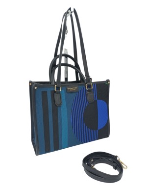 MY- BEST BAG BORSA MEDIA IN TESSUTO LOGATO MULTICOLOR SU BASE BLU COBALTO CON PROFILI IN VITELLO NERO, MANICI, MANICI A SPALLA 