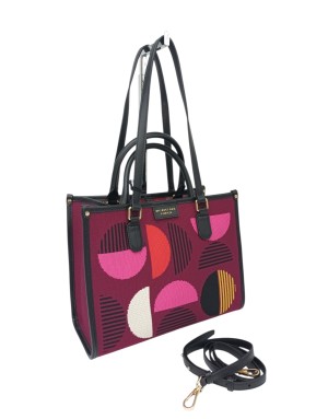 MY- BEST BAG BORSA MEDIA IN TESSUTO LOGATO MULTICOLOR SU BASE BORDEAUX CON PROFILI IN VITELLO NERO, MANICI, MANICI A SPALLA E T