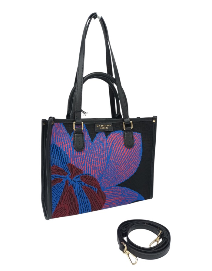 MY- BEST BAG BORSA MEDIA IN TESSUTO LOGATO MULTICOLOR SU BASE NERA CON PROFILI IN VITELLO NERO, MANICI, MANICI A SPALLA E TRACO