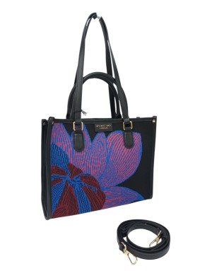 MY- BEST BAG BORSA MEDIA IN TESSUTO LOGATO MULTICOLOR SU BASE NERA CON PROFILI IN VITELLO NERO, MANICI, MANICI A SPALLA E TRACO