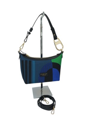 MY- BEST BAG BORSA MEDIA IN TESSUTO LOGATO SU BASE BLU COBALTO CON PROFILI IN VITELLO IN TINTA, TRACOLLA REGOLABILE/STACCABILE