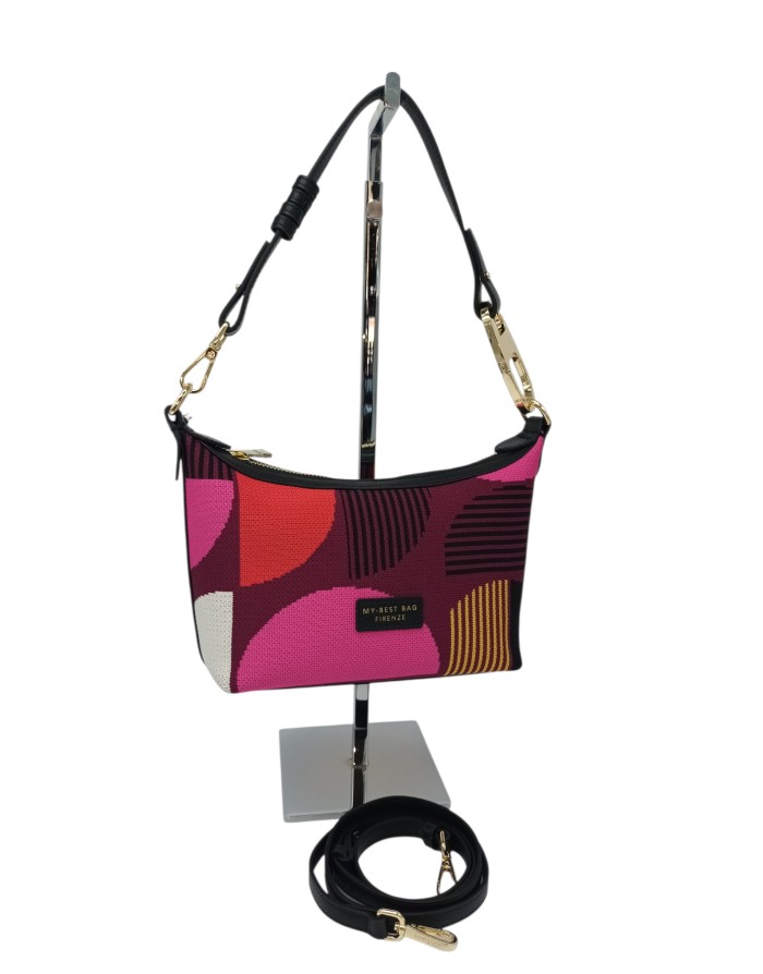 MY- BEST BAG BORSA MEDIA IN TESSUTO LOGATO SU BASE BORDEAUX CON PROFILI IN VITELLO IN TINTA, TRACOLLA REGOLABILE/STACCABILE