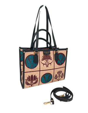 MY- BEST BAG BORSA MEDIA IN TESSUTO RAFIA RICAMATO MULTICOLOR SU BASE CIPRIA CON PROFILI IN VITELLO NERO, MANICI, MANICI A SPAL