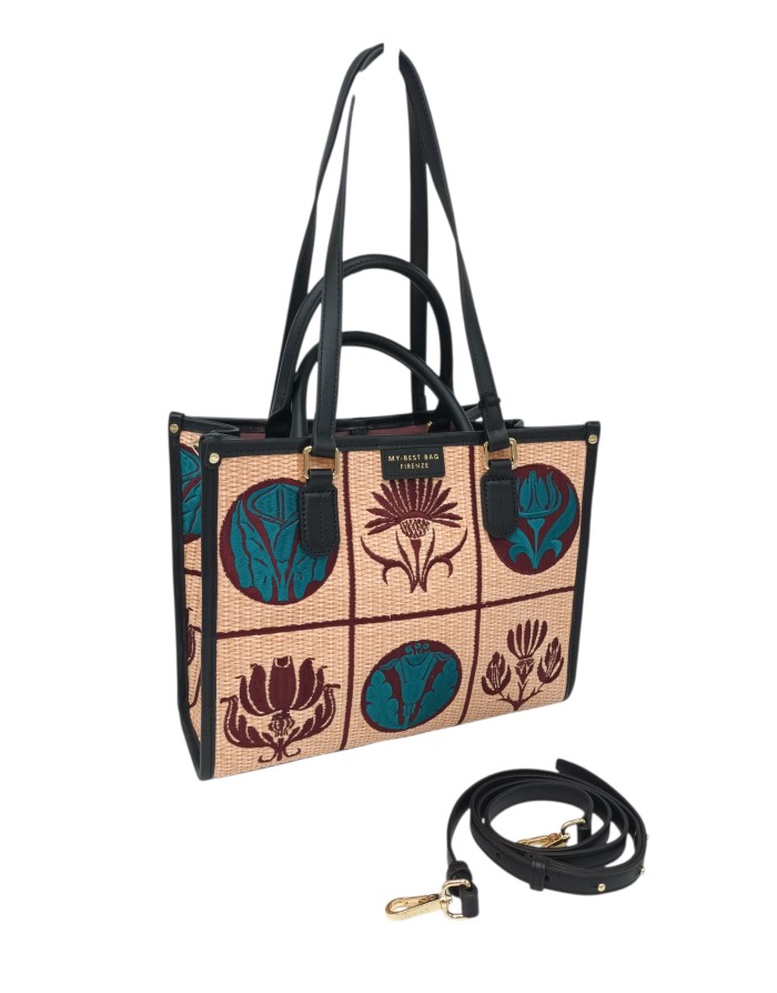 MY- BEST BAG BORSA MEDIA IN TESSUTO RAFIA RICAMATO MULTICOLOR SU BASE CIPRIA CON PROFILI IN VITELLO NERO, MANICI, MANICI A SPAL