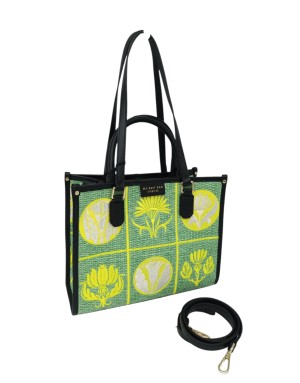 MY- BEST BAG BORSA MEDIA IN TESSUTO RAFIA RICAMATO MULTICOLOR SU BASE VERDE MENTA CON PROFILI IN VITELLO NERO, MANICI, MANICI A
