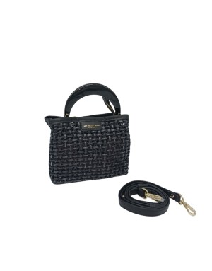 MY- BEST BAG BORSA MEDIO/PICCOLA IN RAFIA COLORE NERO CON PROFILI IN VITELLO IN TINTA, MANICO LACCATO NERO LUCIDO E TRACOLLA ST