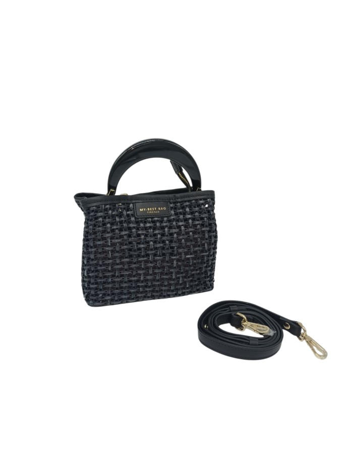 MY- BEST BAG BORSA MEDIO/PICCOLA IN RAFIA COLORE NERO CON PROFILI IN VITELLO IN TINTA, MANICO LACCATO NERO LUCIDO E TRACOLLA ST