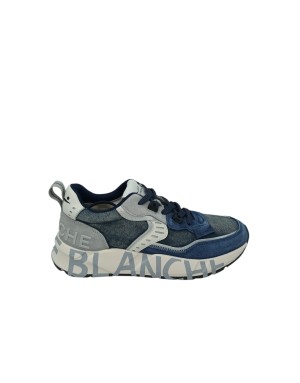 VOILE BLANCHE CLUB 01 SNEAKER LACCI IN CAMOSCIO E TESSUTO TECNICO COLORE BLU-JEANS-GRIGIO CON RIPORTI BIANCHI, FONDO GOMMA LOGA