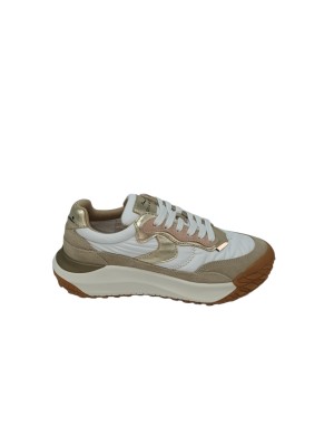 VOILE BLANCHE CLUB ACT W SNEAKER LACCI IN TESSUTO TECNICO BIANCOCON RIPORTI IN CAMOSCIO BEIGE-CIPRIA E LAMINATO PLATINO, FONDO 