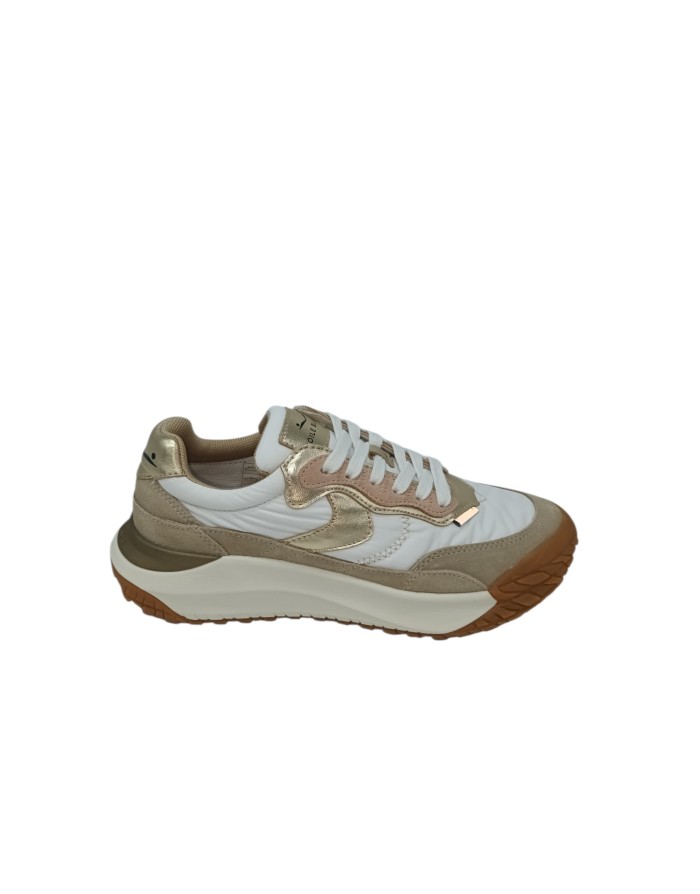 VOILE BLANCHE CLUB ACT W SNEAKER LACCI IN TESSUTO TECNICO BIANCOCON RIPORTI IN CAMOSCIO BEIGE-CIPRIA E LAMINATO PLATINO, FONDO 