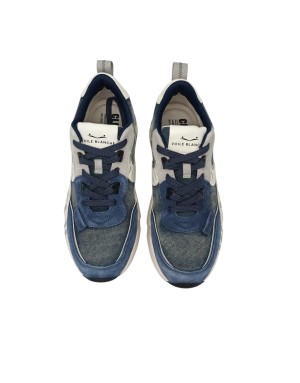 VOILE BLANCHE CLUB 01 SNEAKER LACCI IN CAMOSCIO E TESSUTO TECNICO COLORE BLU-JEANS-GRIGIO CON RIPORTI BIANCHI, FONDO GOMMA LOGA