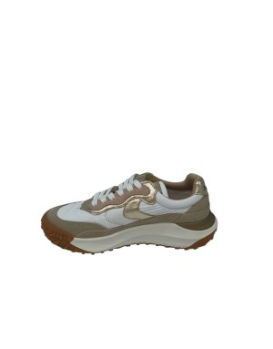 VOILE BLANCHE CLUB ACT W SNEAKER LACCI IN TESSUTO TECNICO BIANCOCON RIPORTI IN CAMOSCIO BEIGE-CIPRIA E LAMINATO PLATINO, FONDO 