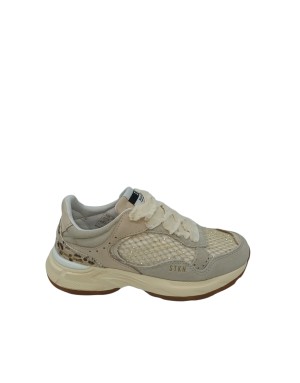 STOKTON SNEAKER LACCI IN CAMOSCIO COLORE BEIGE E RETE STRASSE IN TINTA, TOPPONCINO IN ANIMALIER, LACCIO IN CANAPA, FONDO GOMMA 