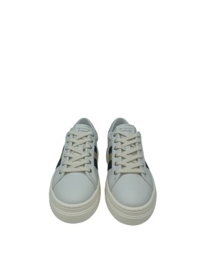 STOKTON SNEAKER LACCI IN VITELLO COLORE GESSO CON BANDA LATERALE IN TESSUTO GRIGIO-ORO, FONDO GOMMA EXTRA LIGHT 4,5CM