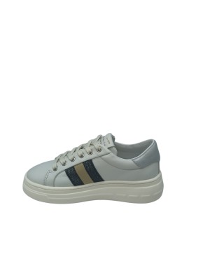 STOKTON SNEAKER LACCI IN VITELLO COLORE GESSO CON BANDA LATERALE IN TESSUTO GRIGIO-ORO, FONDO GOMMA EXTRA LIGHT 4,5CM