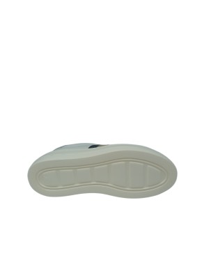 STOKTON SNEAKER LACCI IN VITELLO COLORE GESSO CON BANDA LATERALE IN TESSUTO GRIGIO-ORO, FONDO GOMMA EXTRA LIGHT 4,5CM
