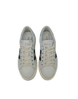 STOKTON SNEAKER LACCI IN VITELLO COLORE GESSO CON BANDA LATERALE IN TESSUTO GRIGIO-ORO, FONDO GOMMA EXTRA LIGHT 4,5CM