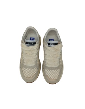 STOKTON SNEAKER LACCI IN CAMOSCIO COLORE BEIGE E RETE STRASSE IN TINTA, TOPPONCINO IN ANIMALIER, LACCIO IN CANAPA, FONDO GOMMA 