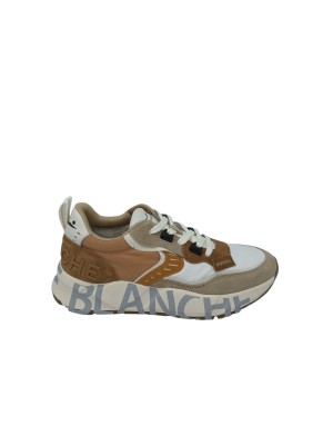 VOILE BLANCHE CLUB 01 SNEAKER LACCI IN CAMOSCIO E TESSUTO TECNICO COLORE CUOIO-BEIGE-BIANCO, FONDO GOMMA LOGATO