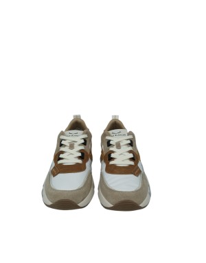 VOILE BLANCHE CLUB 01 SNEAKER LACCI IN CAMOSCIO E TESSUTO TECNICO COLORE CUOIO-BEIGE-BIANCO, FONDO GOMMA LOGATO