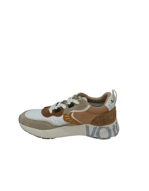 VOILE BLANCHE CLUB 01 SNEAKER LACCI IN CAMOSCIO E TESSUTO TECNICO COLORE CUOIO-BEIGE-BIANCO, FONDO GOMMA LOGATO