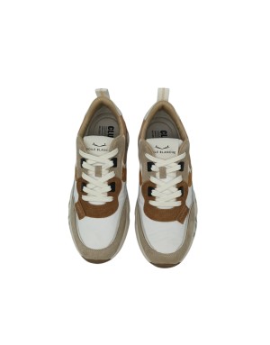 VOILE BLANCHE CLUB 01 SNEAKER LACCI IN CAMOSCIO E TESSUTO TECNICO COLORE CUOIO-BEIGE-BIANCO, FONDO GOMMA LOGATO