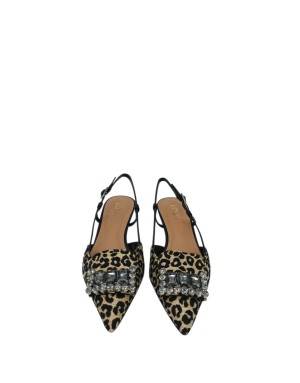 LODI CHANEL IN NAPPA NERA E TESSUTO LEOPARD, ACCESSORIO CON PETRE STRASSE CRISTAL, FONDINO GPMMA, TACCO IN ABS 5CM