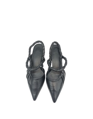 J&M CHANEL IN NAPPA NERA CON PLISSETTATURA LATERALE, CINTURINO A TORTIGLIONE, FONDO GOMMINA, TACCO IN ABS 4CM