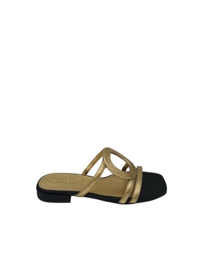 EXE' SABOT SPUNTATO IN VITELLO LAMINATO COLORE ORO-NERO, FONDINO GOMMA, TACCO 2,5CM