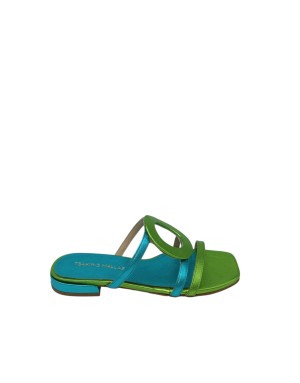 EXE' SABOT SPUNTATO IN VITELLO LAMINATO COLORE VERDE-AZZURRO, FONDINO GOMMA, TACCO 2,5CM